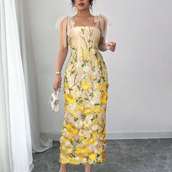 yellow Elegant Women's Mesh 3d Flower print Strap tie Maxi Dress - Picture 3 of 4